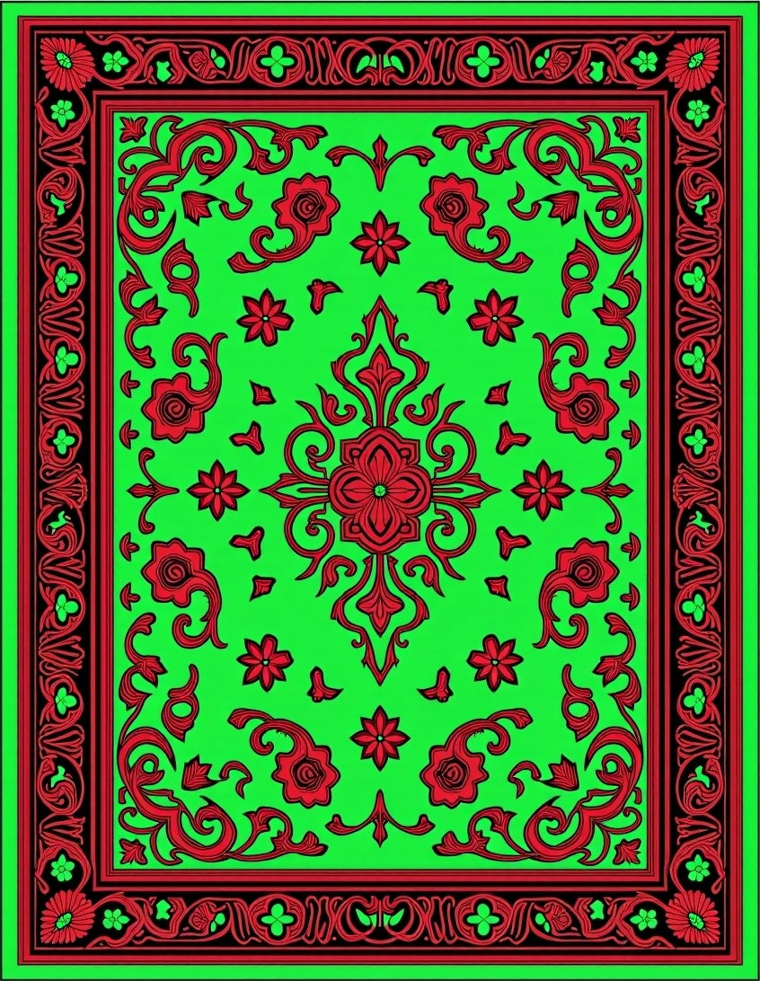 Vibrant Red Floral Emerald Border Rug