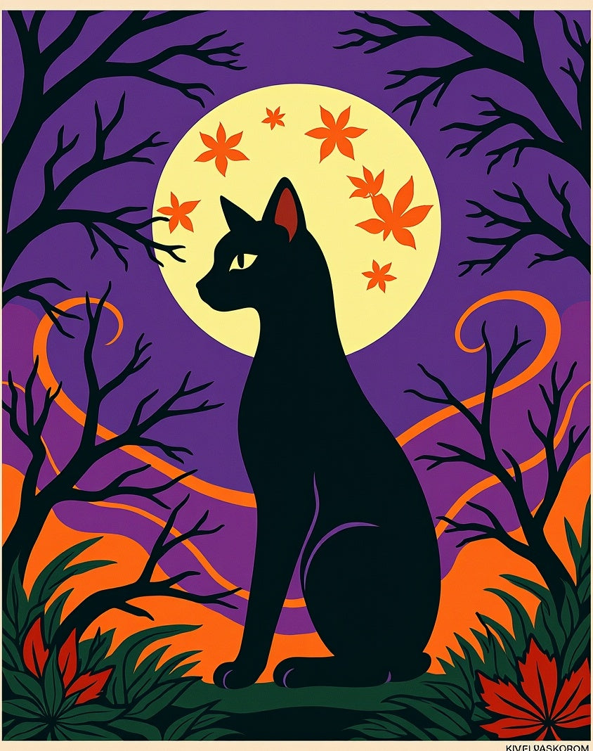 Black Cat Moon Orange Leaf Night Rug