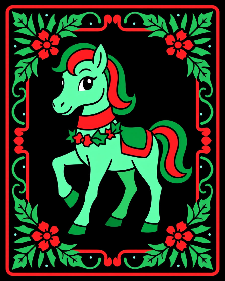 Whimsical Mint Horse Festive Holly Wreath Rug