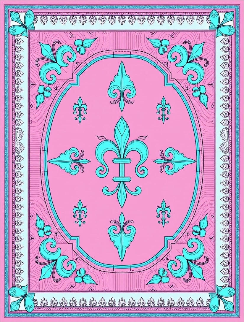 Pink Teal Fleur de Lis Oval Cream Border Rug