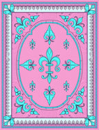 Pink Teal Fleur de Lis Oval Cream Border Rug
