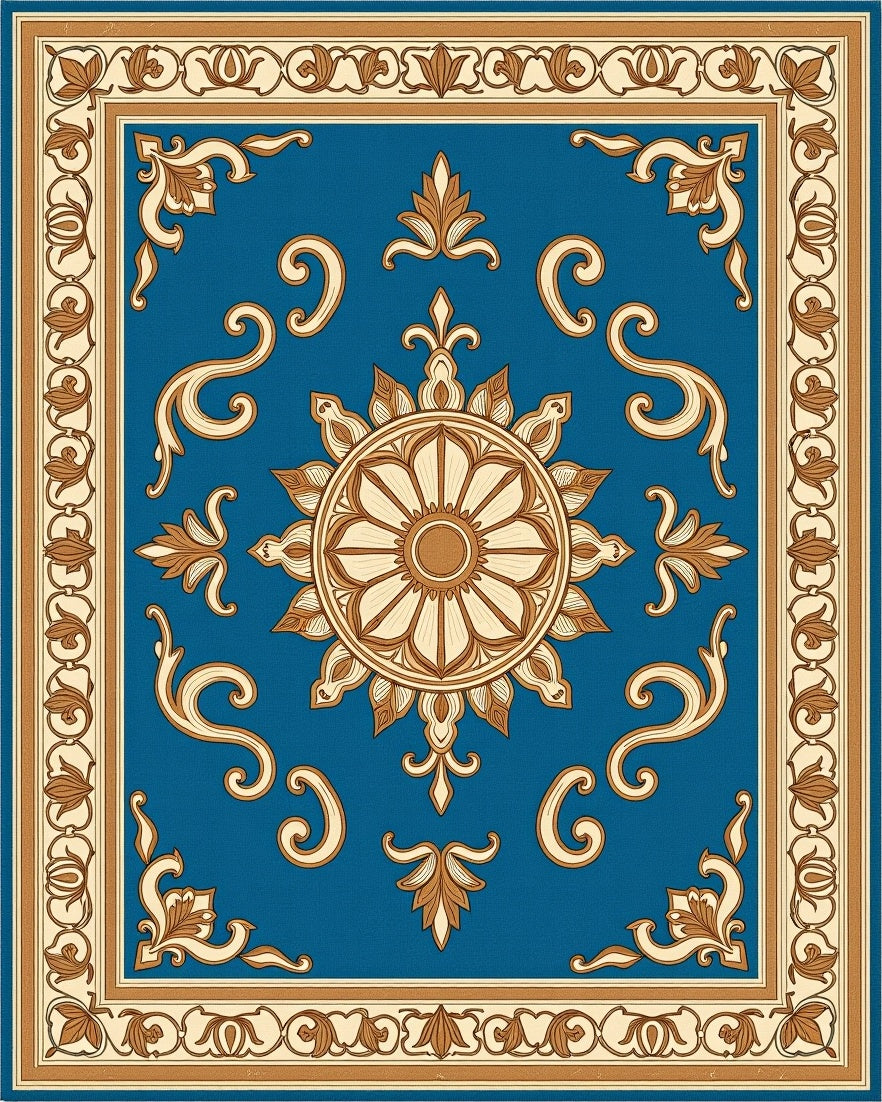 Golden Floral Medallion Blue Rug