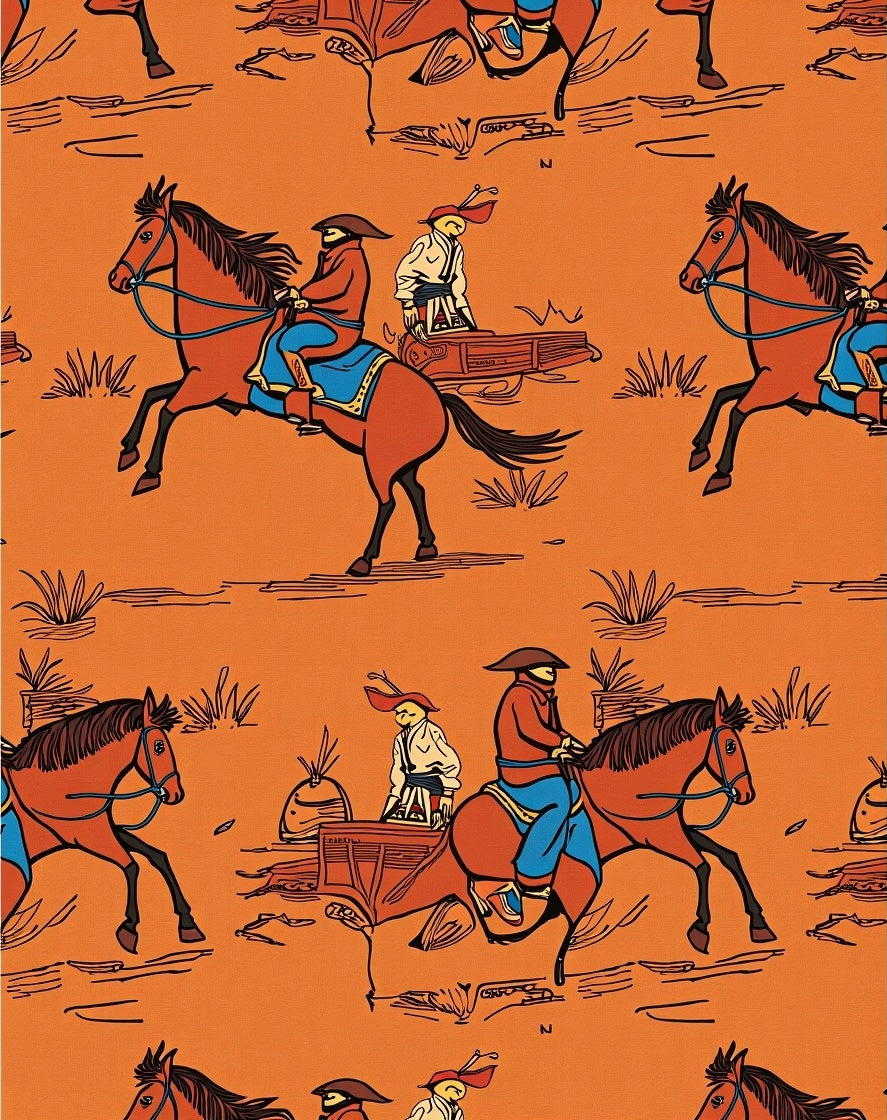 Western Cowboys Riding Horses Orange Rug