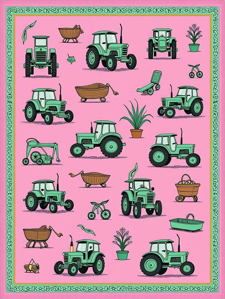 Pink Green Tractor Farm Collage Rug