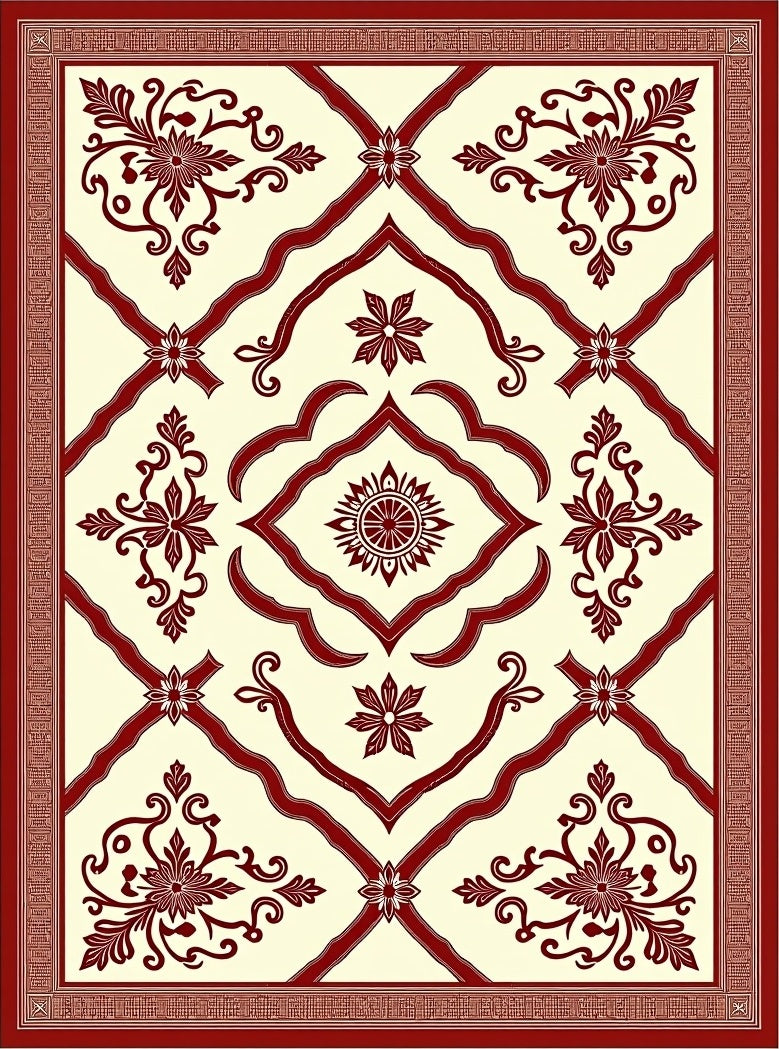Crimson Floral Lattice Medallion Rug