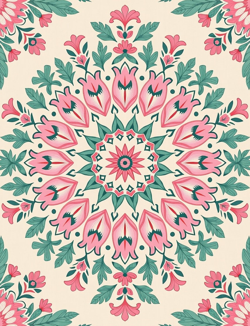 Pink Teal Floral Mandala Medallion Rug