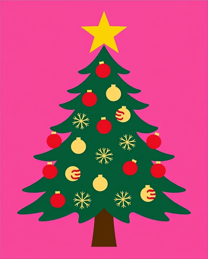 Festive Pink Green Star Ornament Tree Rug