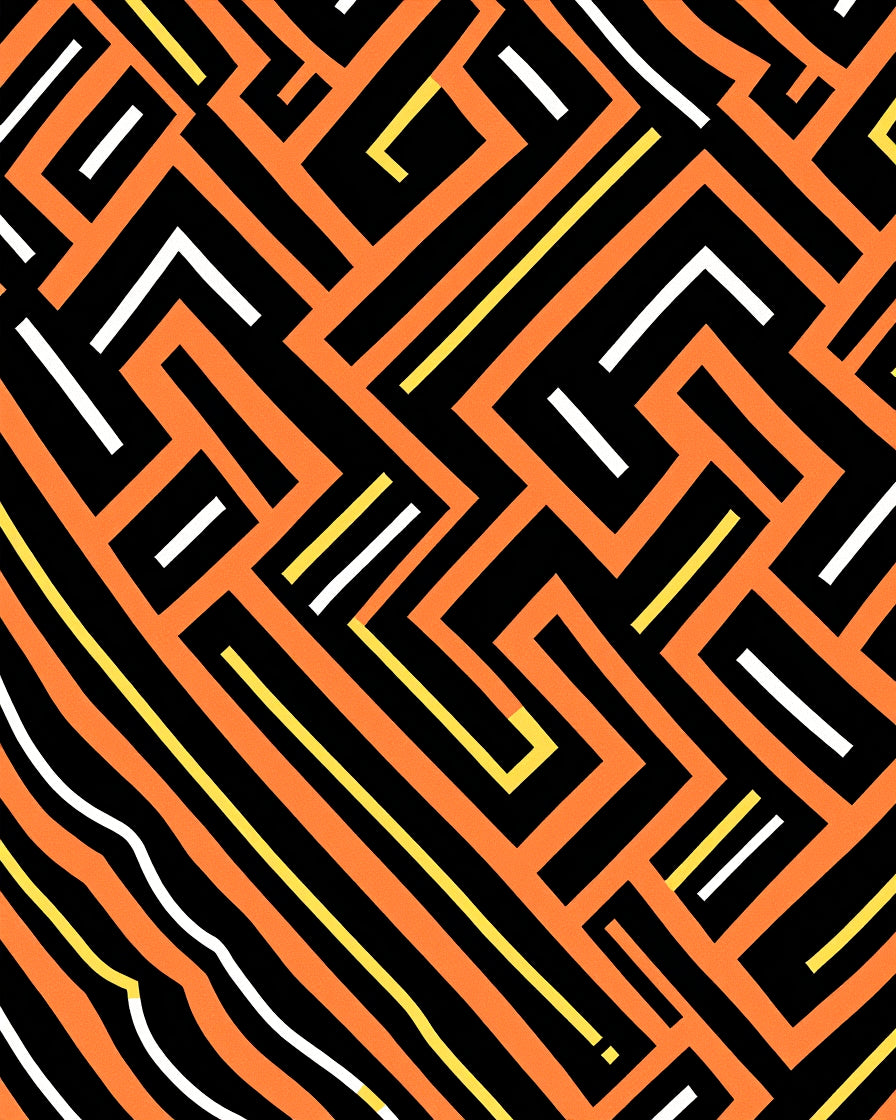 Modern Orange Black Geometric Labyrinth Rug