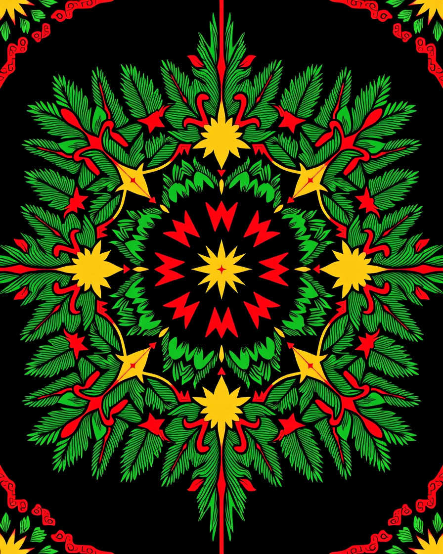 Festive Green Red Yellow Starburst Mandala Rug