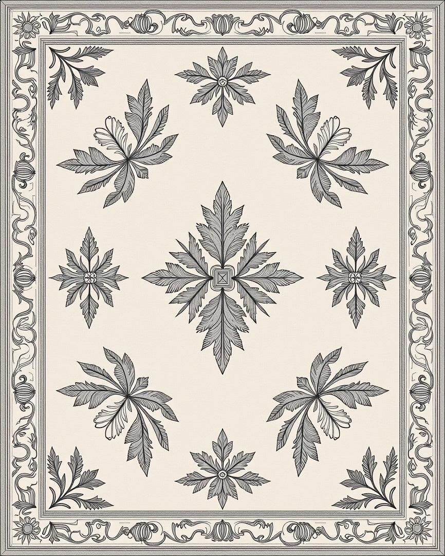 Ornate Beige Leaf Medallion Border Rug