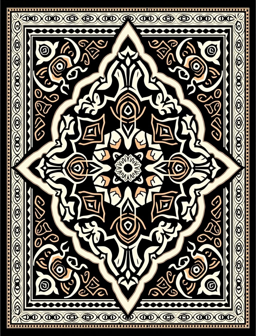 Ornate Ivory and Peach Medallion Rug