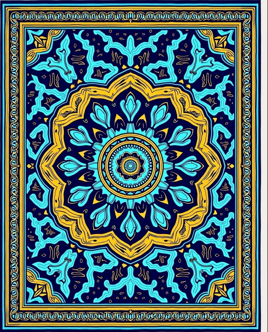 Deep Blue Golden Floral Mandala Rug
