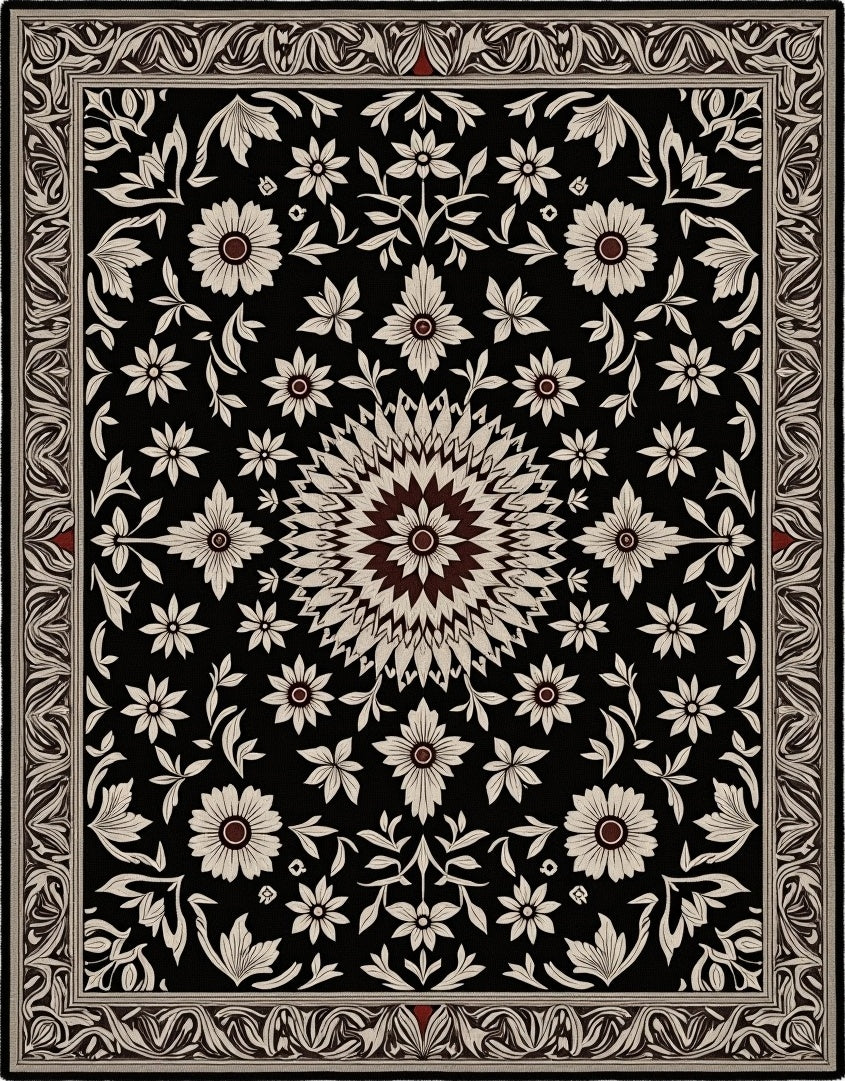 Rich Blossom Centered Black Ivory Rug