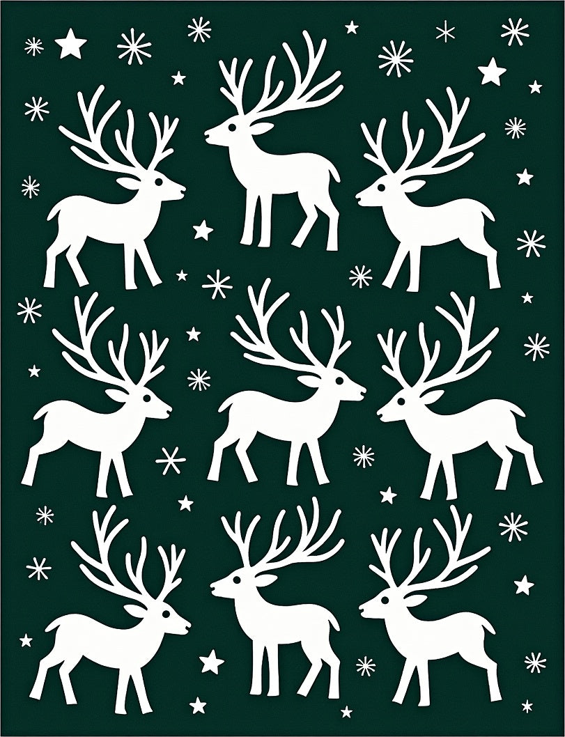 White Reindeer Stars Dark Green Field Rug