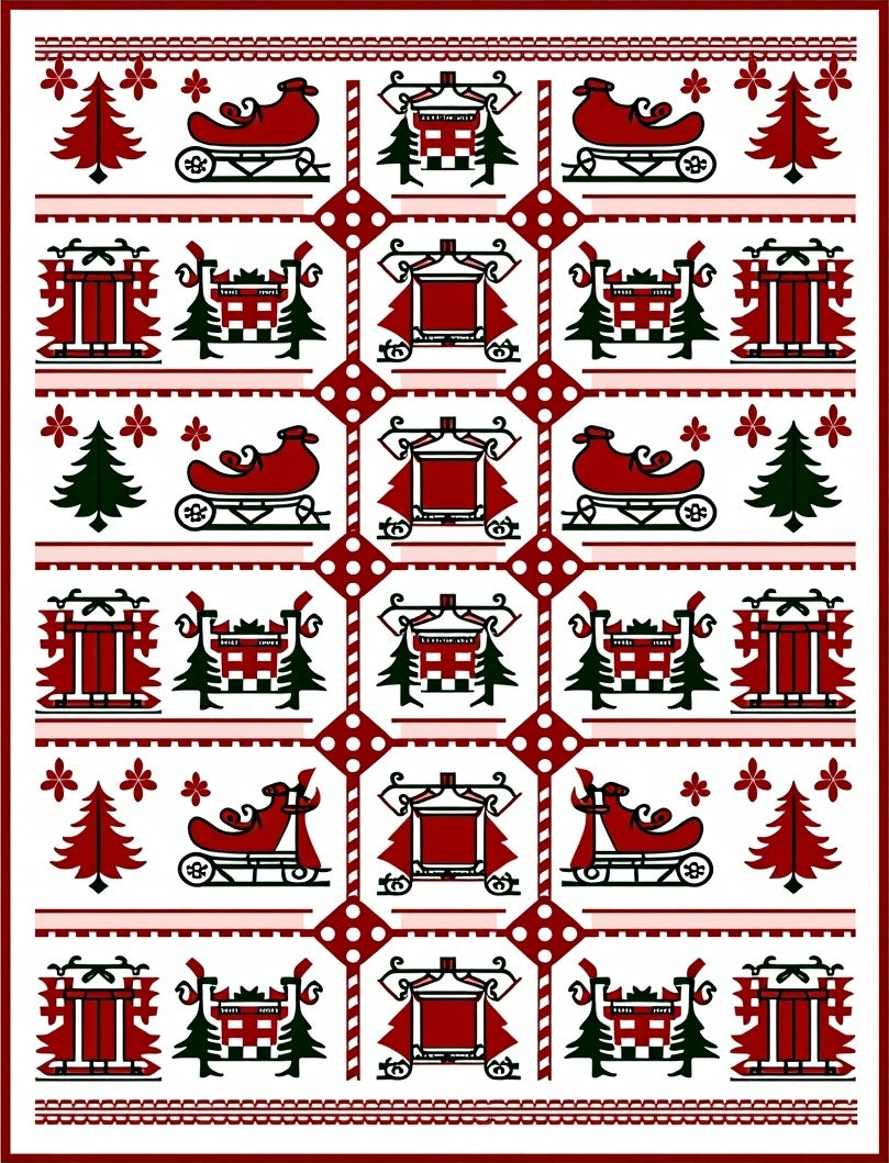 Crimson Red Christmas Sleigh Trees Rug