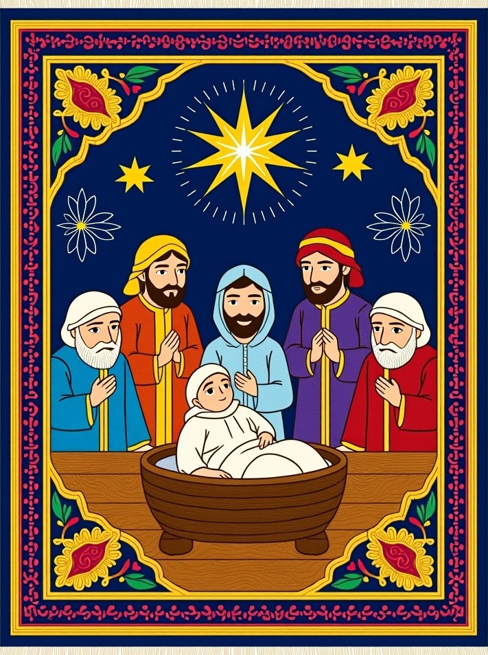 Nativity Scene Blue Festive Star Rug