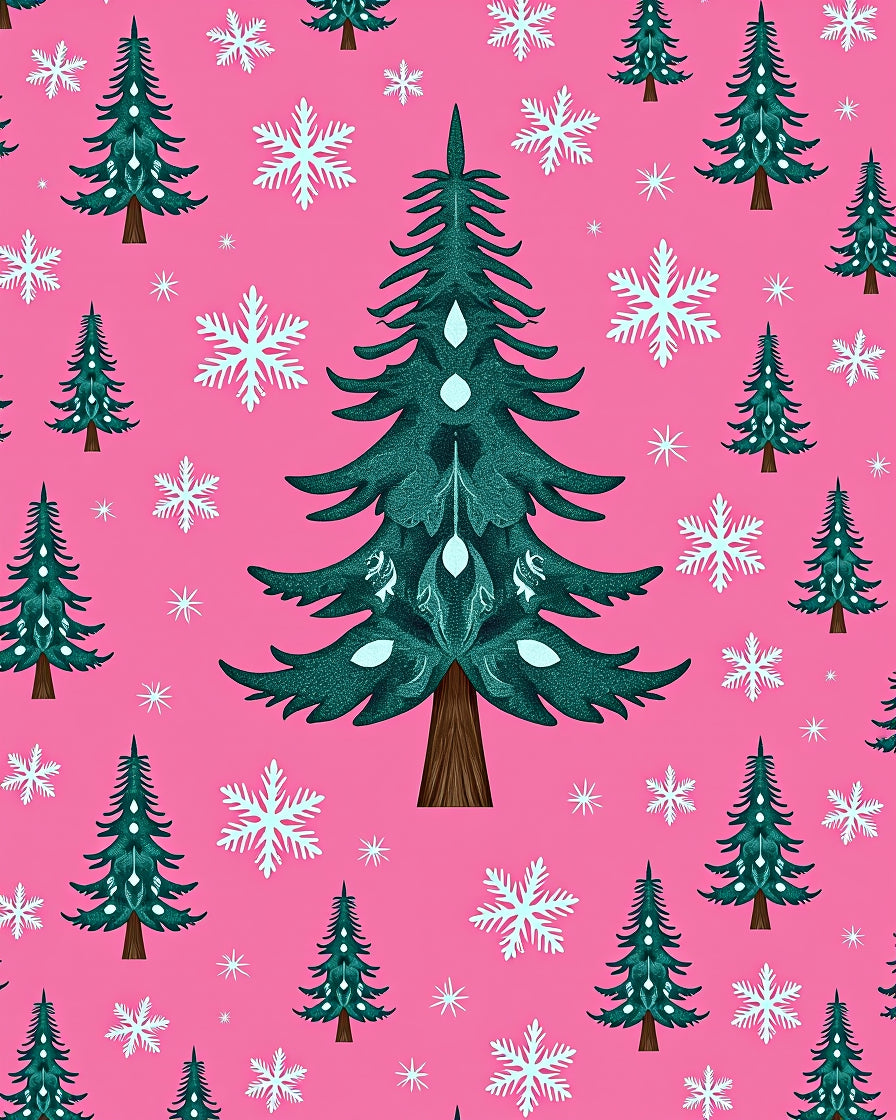 Teal Christmas Trees Snowflakes Pink Background Rug