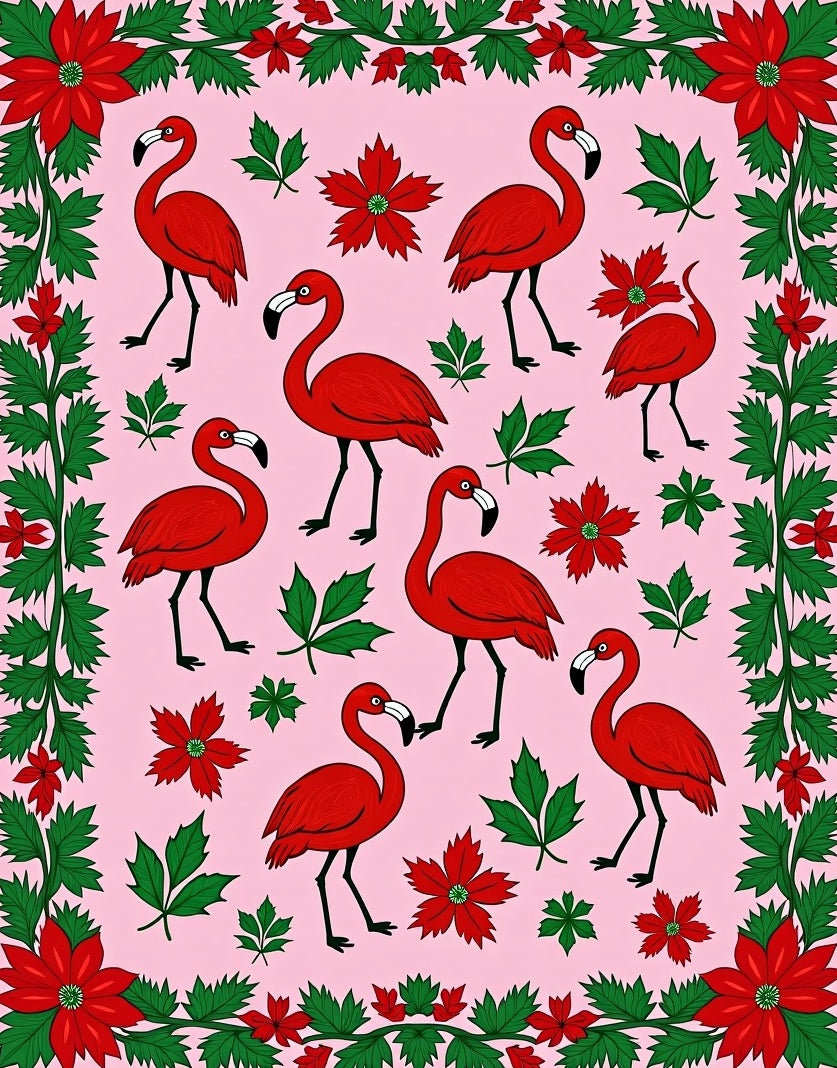 Red Flamingo Poinsettia Garland Rug