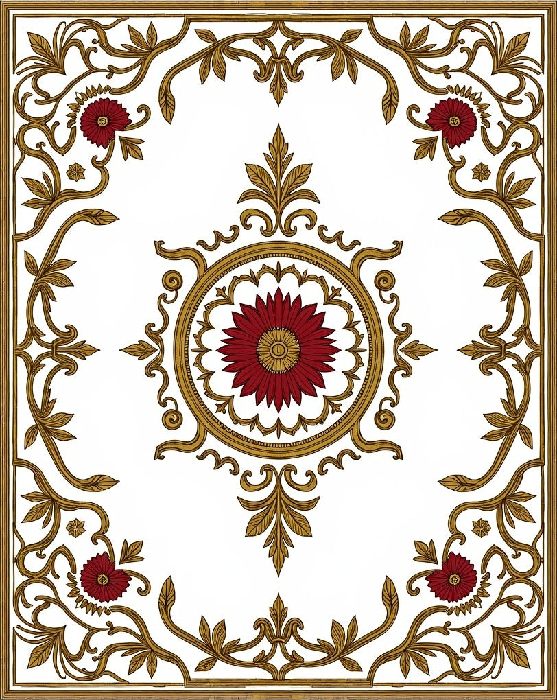 Crimson Floral Gold Vine Medallion Rug