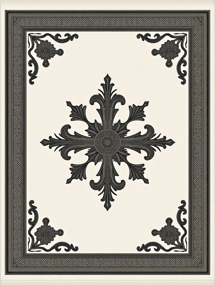 Ornate Black Cream Scroll Medallion Rug