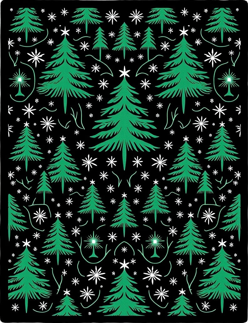 Evergreen Trees Winter Snowflakes Black Rug