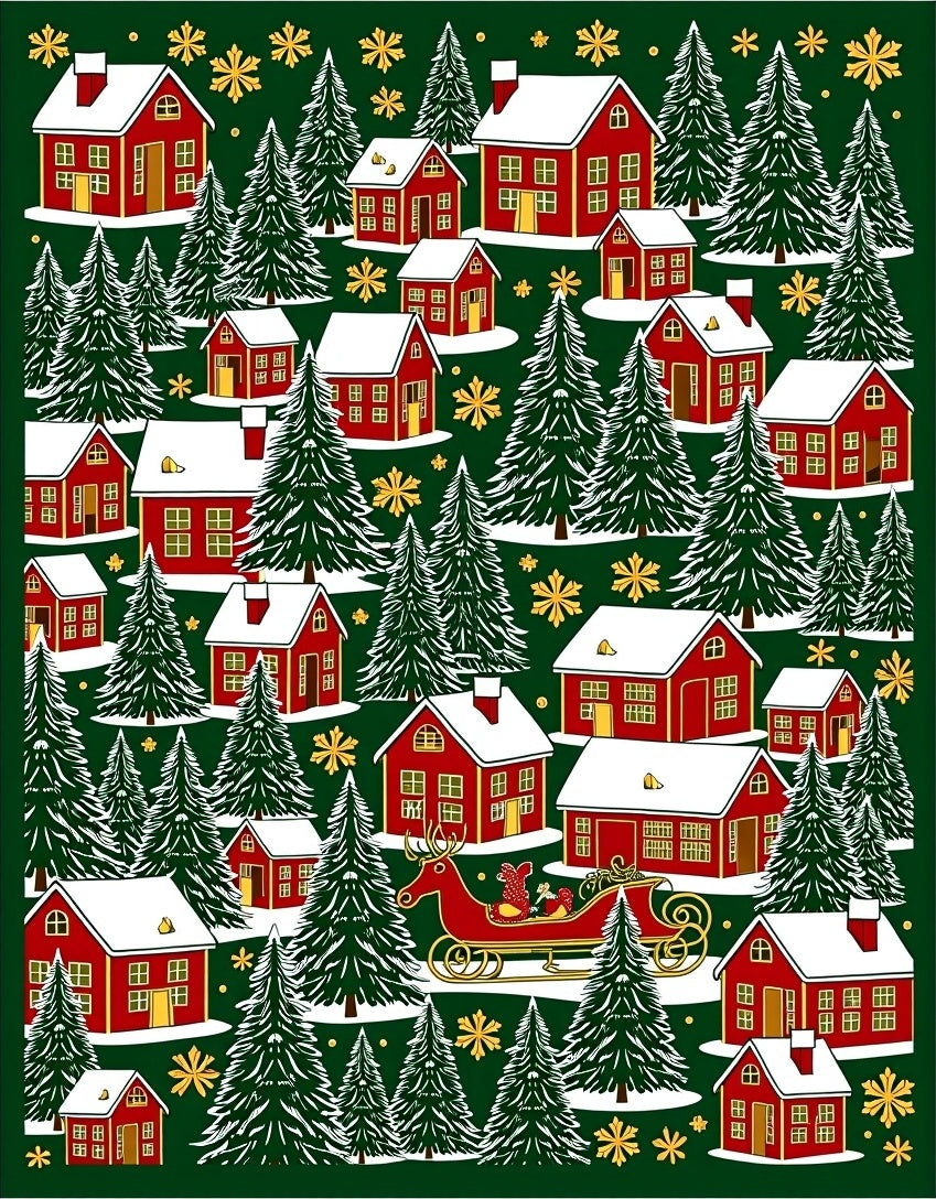 Red Village Snowy Christmas Trees Sleigh Rug