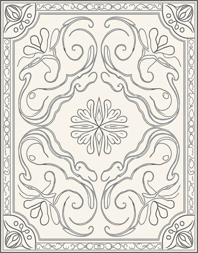 Elegant Gray Floral Scroll Medallion Rug