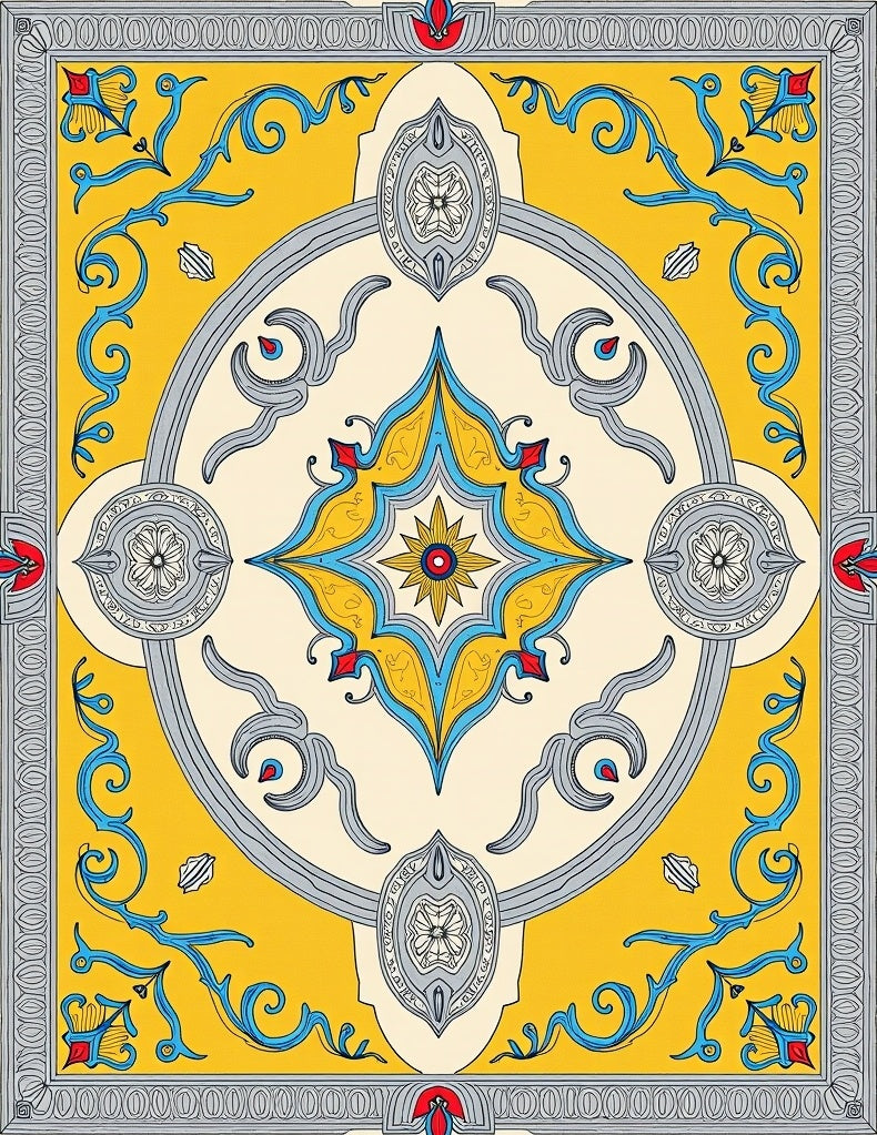 Yellow Blue Gray Floral Center Medallion Rug