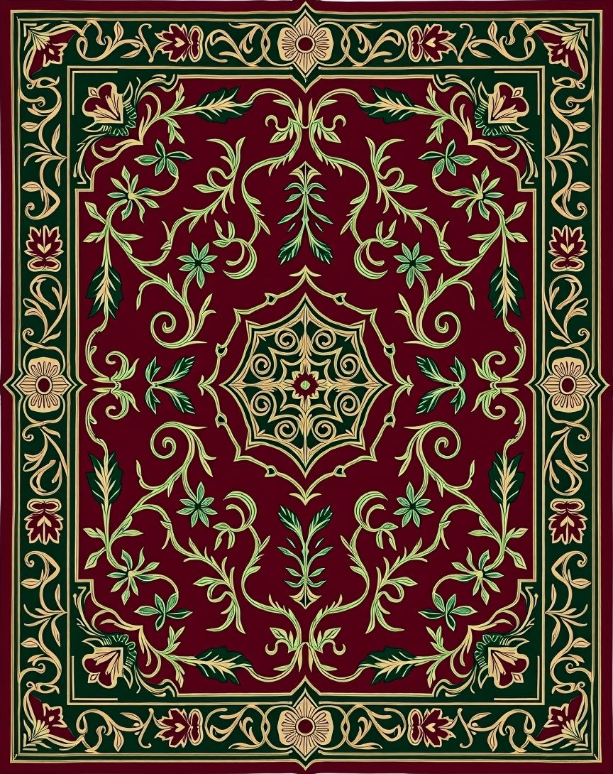 Deep Red Botanical Scrollwork Border Rug