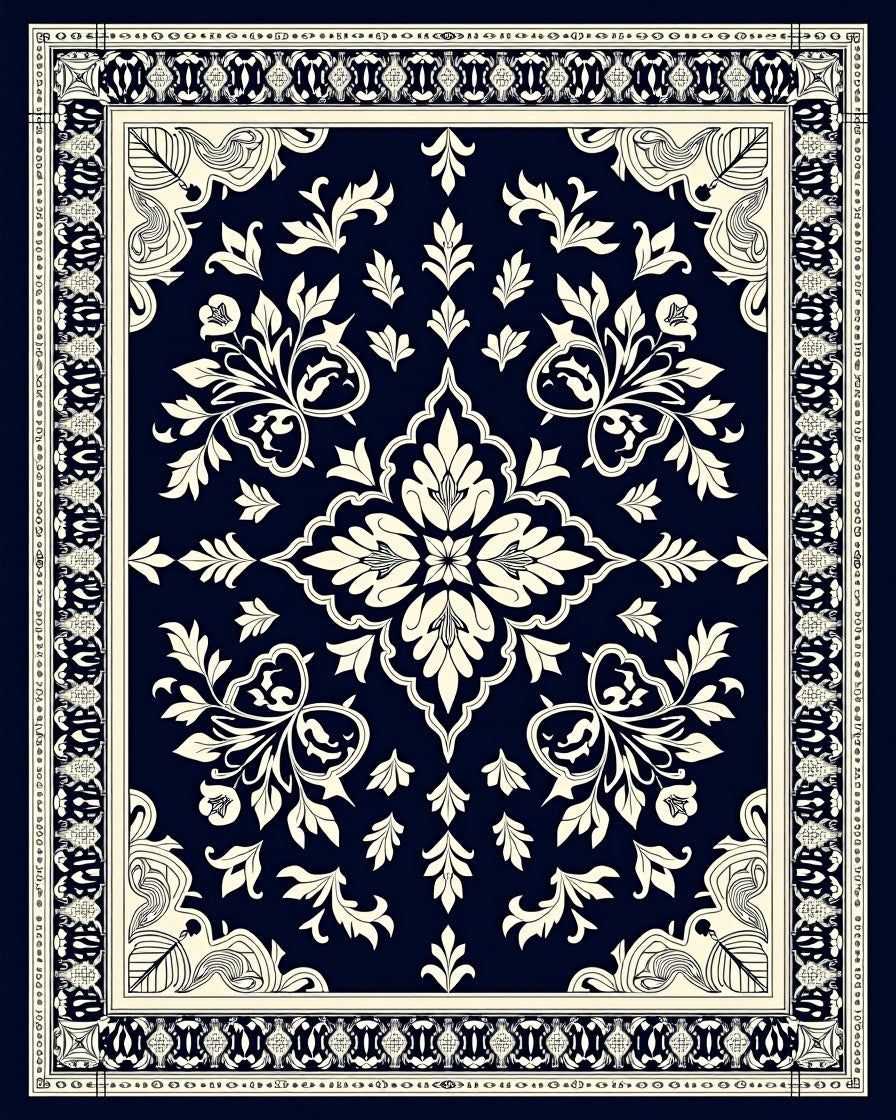 Navy Cream Damask Floral Medallion Rug