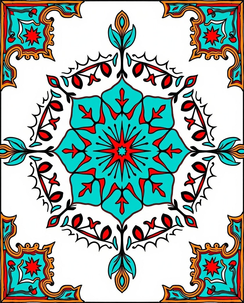 Turquoise Red Starburst Mandala Frame Rug