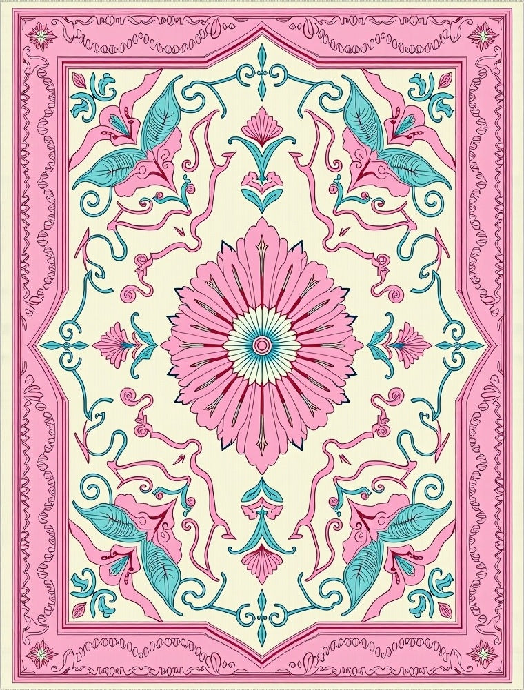 Pink Teal Cream Floral Medallion Swirl Rug