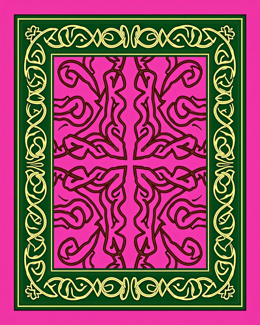 Vibrant Pink Gilded Scrollwork Border Rug