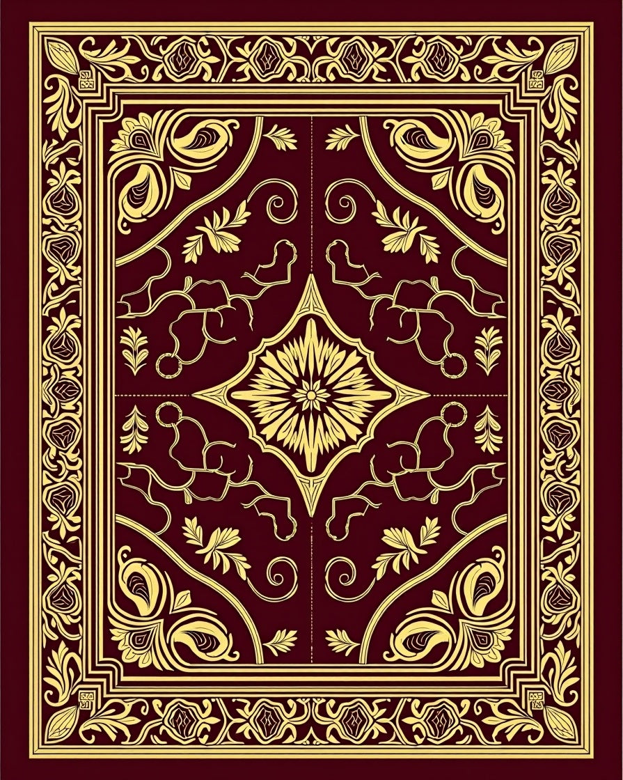 Rich Crimson Golden Floral Border Rug