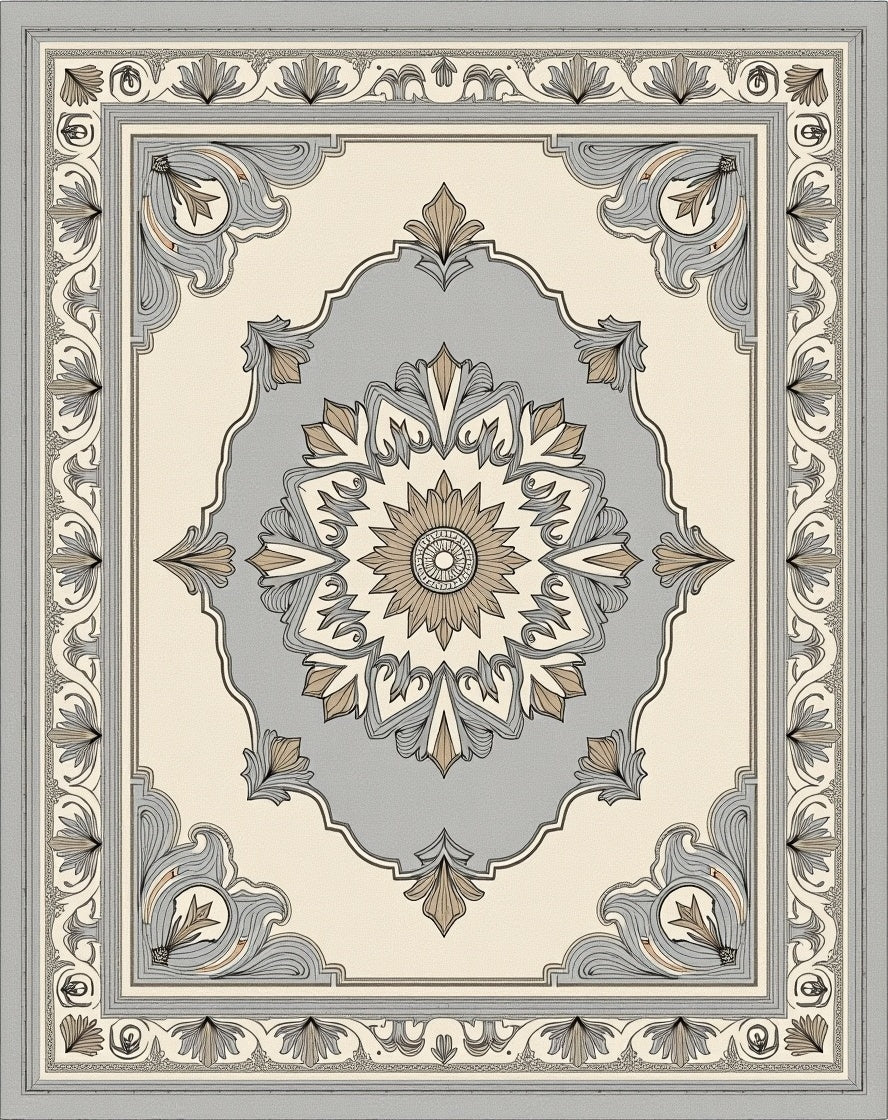 Elegant Silver Cream Floral Medallion Rug