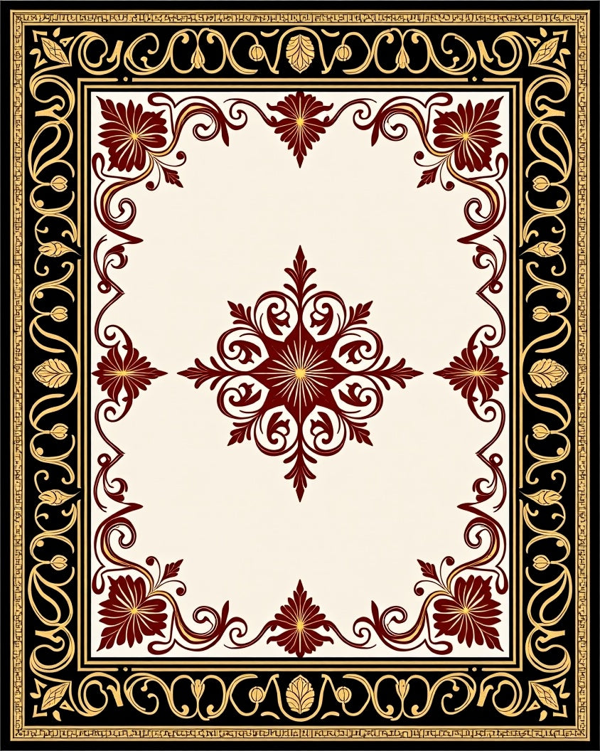 Crimson Floral Black Gold Border Rug