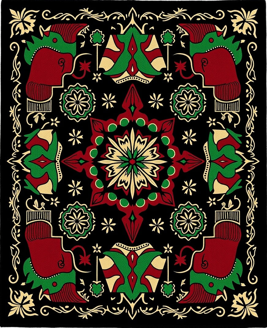Central Star Red Green Folk Rug