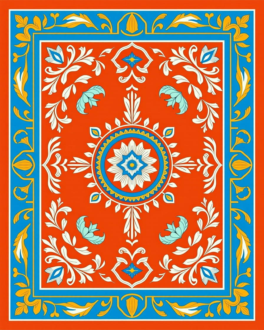 Vibrant Orange Floral Medallion Border Rug