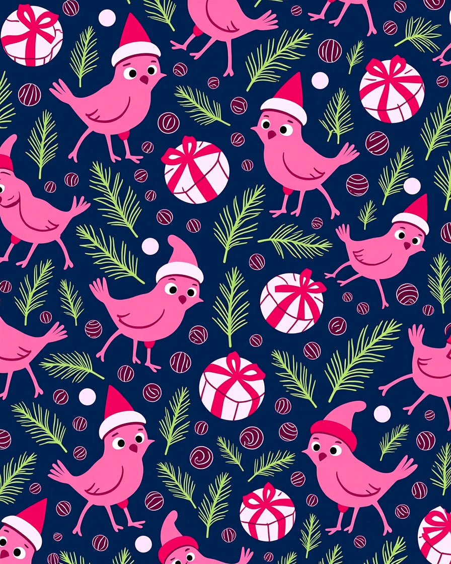 Pink Birds Christmas Festive Scene Rug