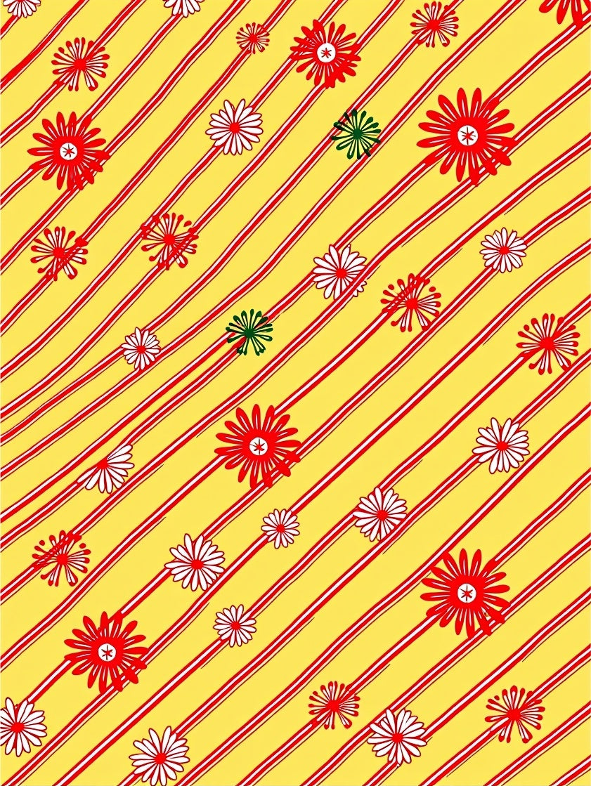 Whimsical Red Striped Floral Yellow Rug