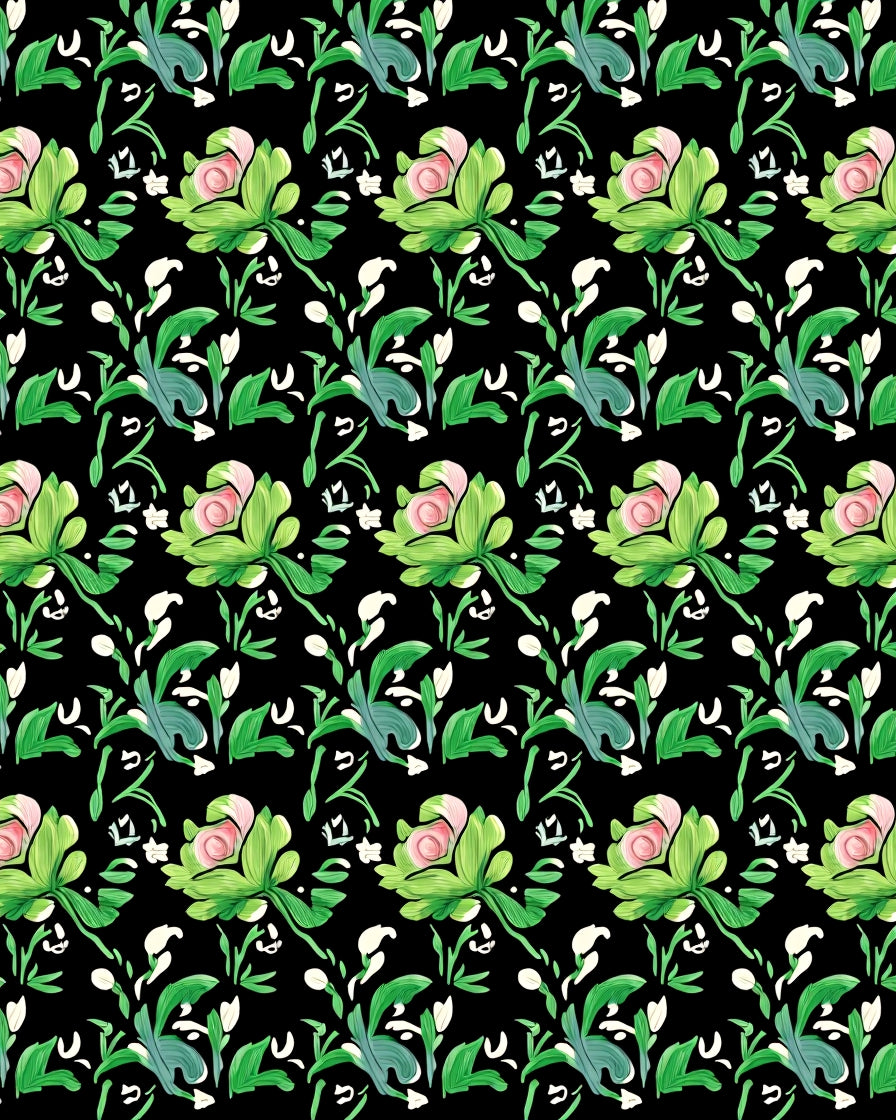 Elegant Pink Green Floral Black Background Rug