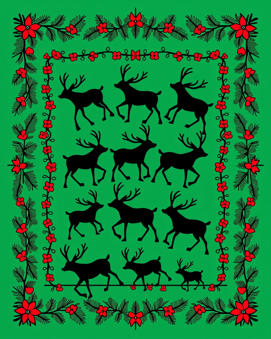 Green Red Floral Reindeer Christmas Rug