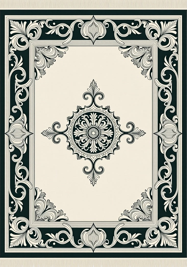 Classic Black Cream Medallion Border Rug