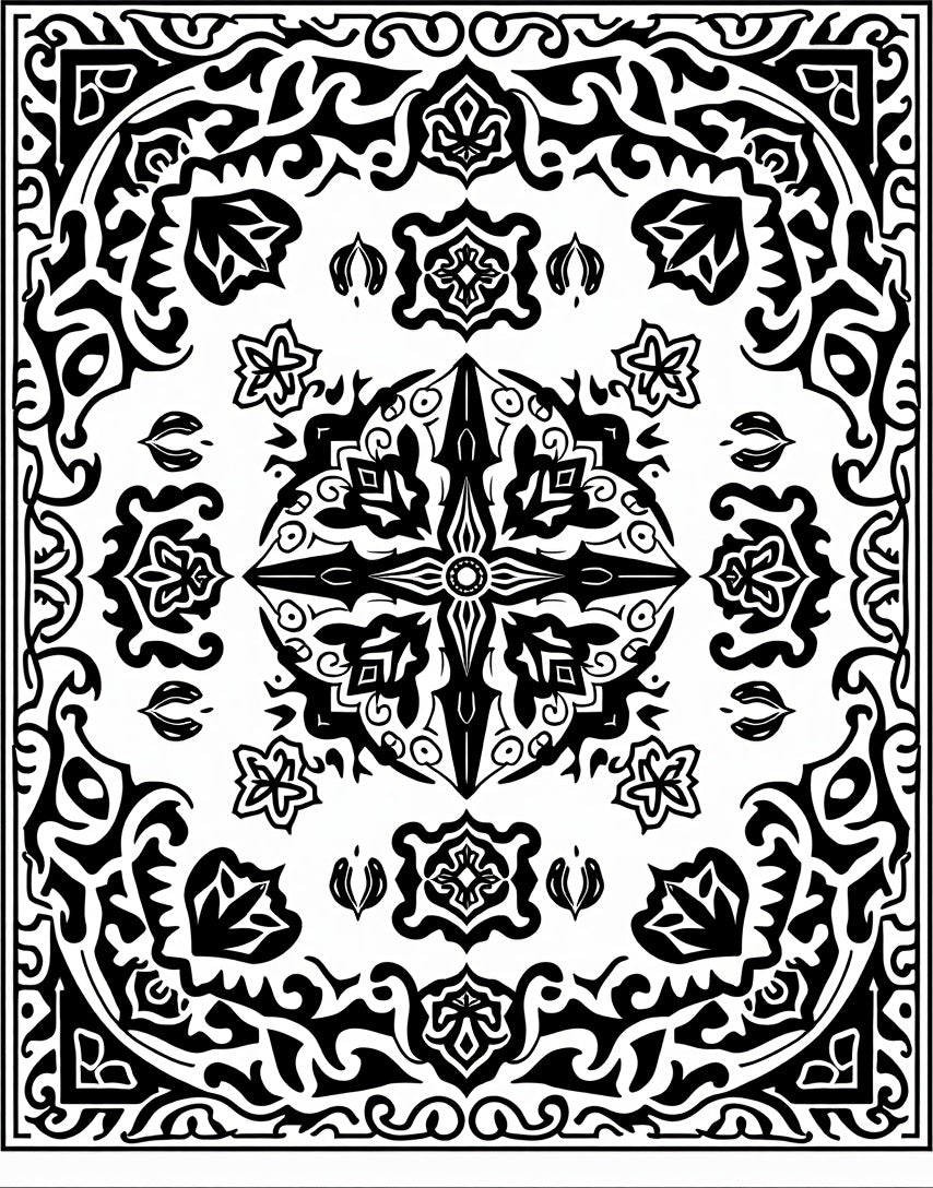 Bold Black and White Floral Mandala Rug
