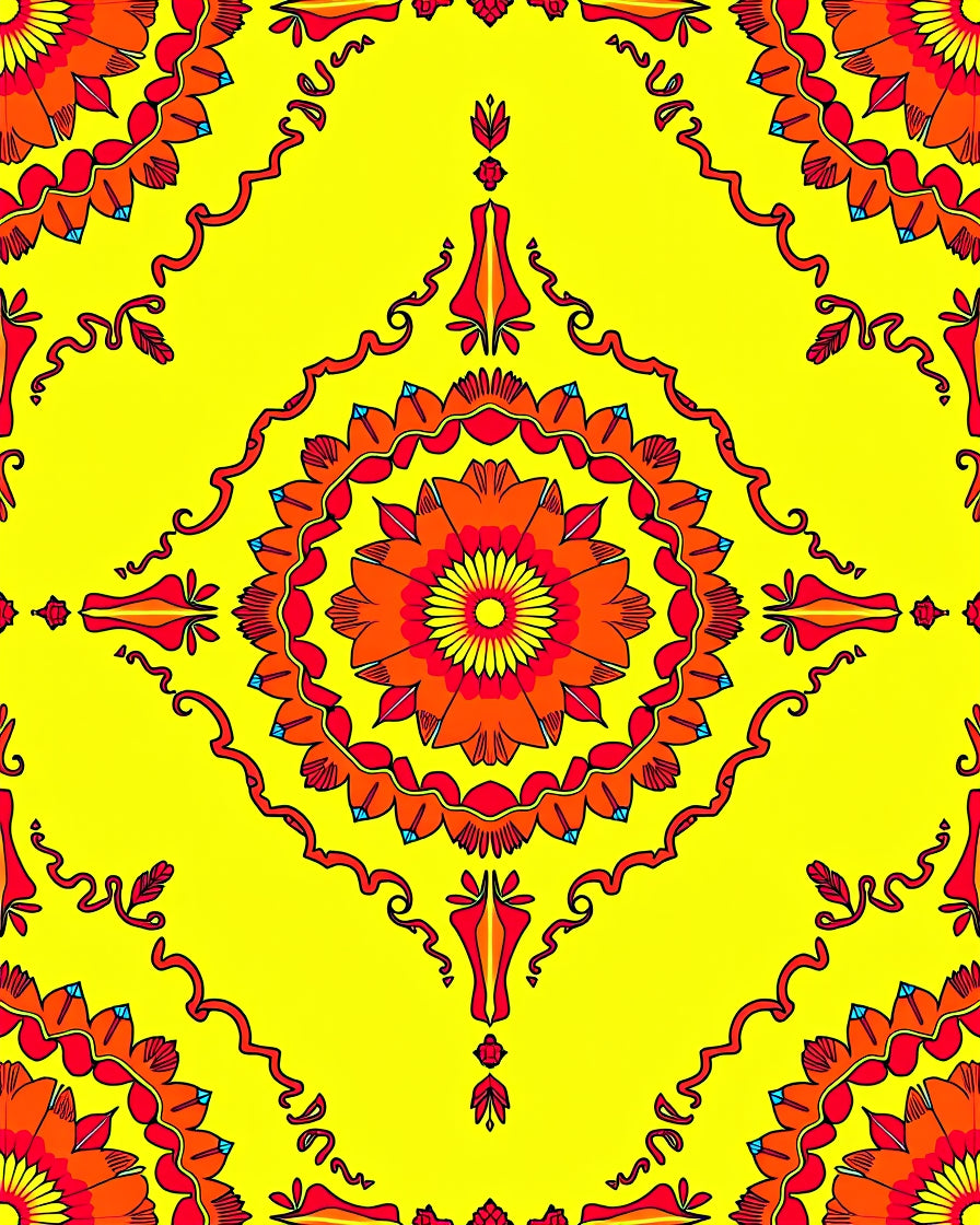 Vibrant Yellow Red Floral Mandala Rug