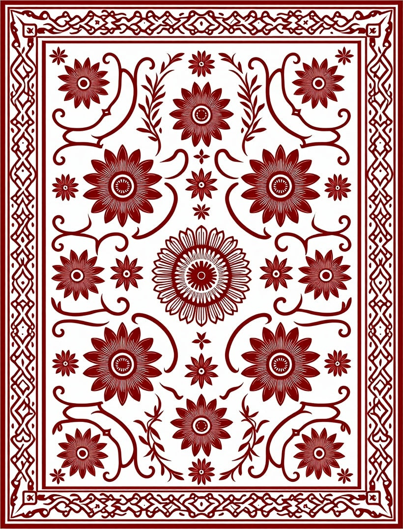 Deep Red Bloom Field Arrangement Rug