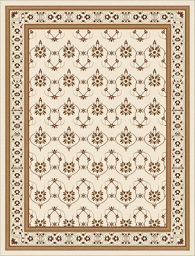 Cream Brown Floral Lattice Border Rug
