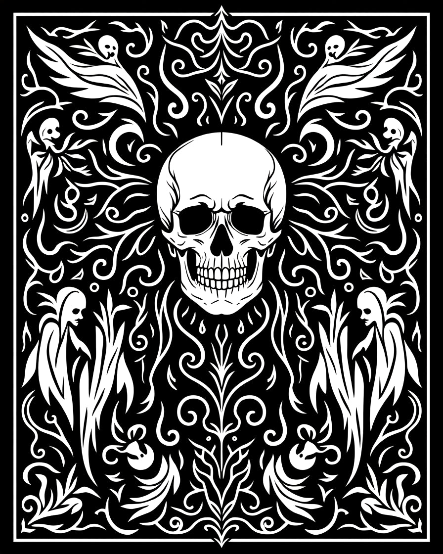 Gothic Skull Figures Swirling Black White Rug