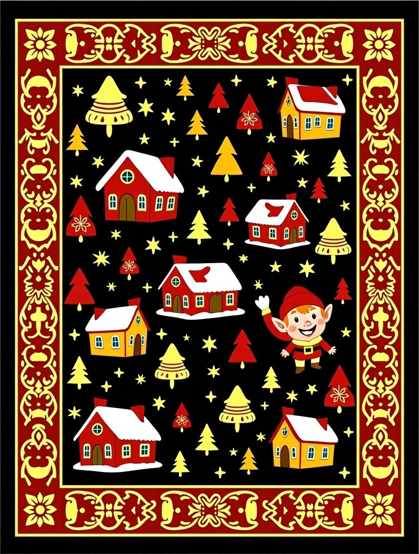 Whimsical Elf Village Red Yellow Border Rug