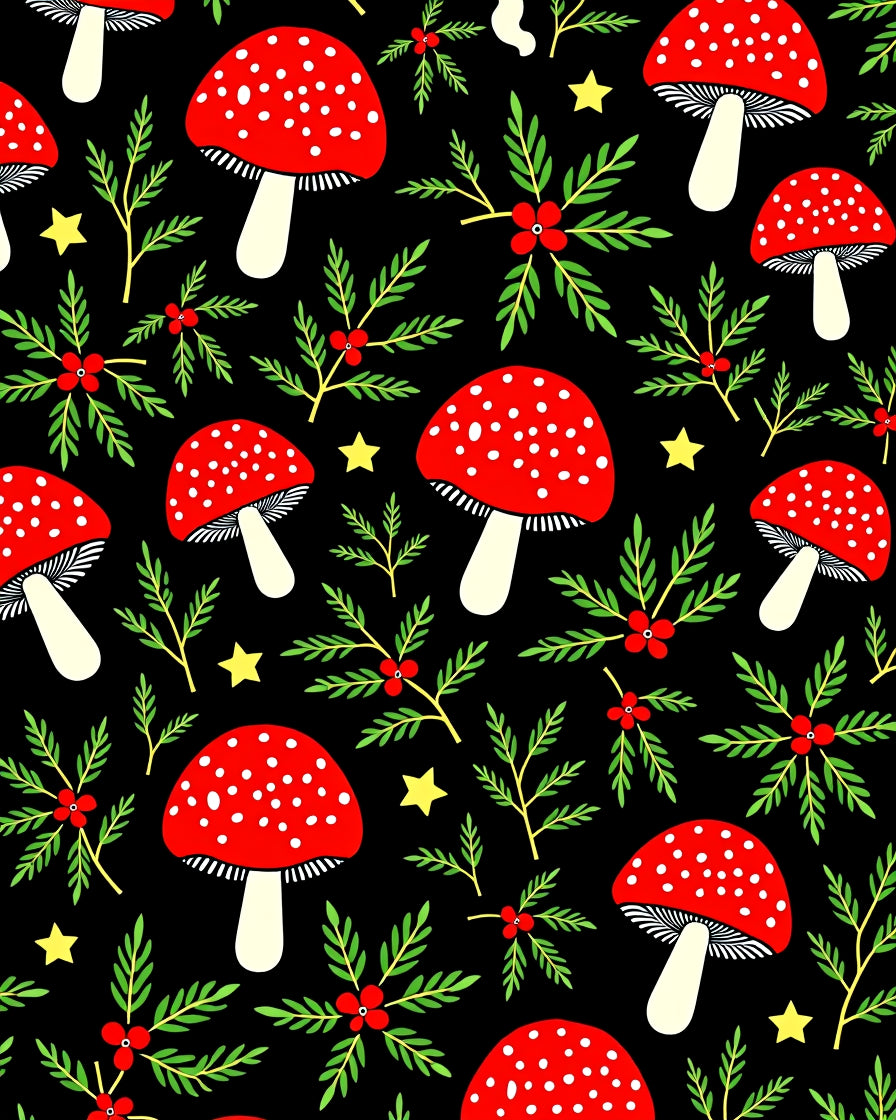Whimsical Red Mushroom Holly Stars Rug